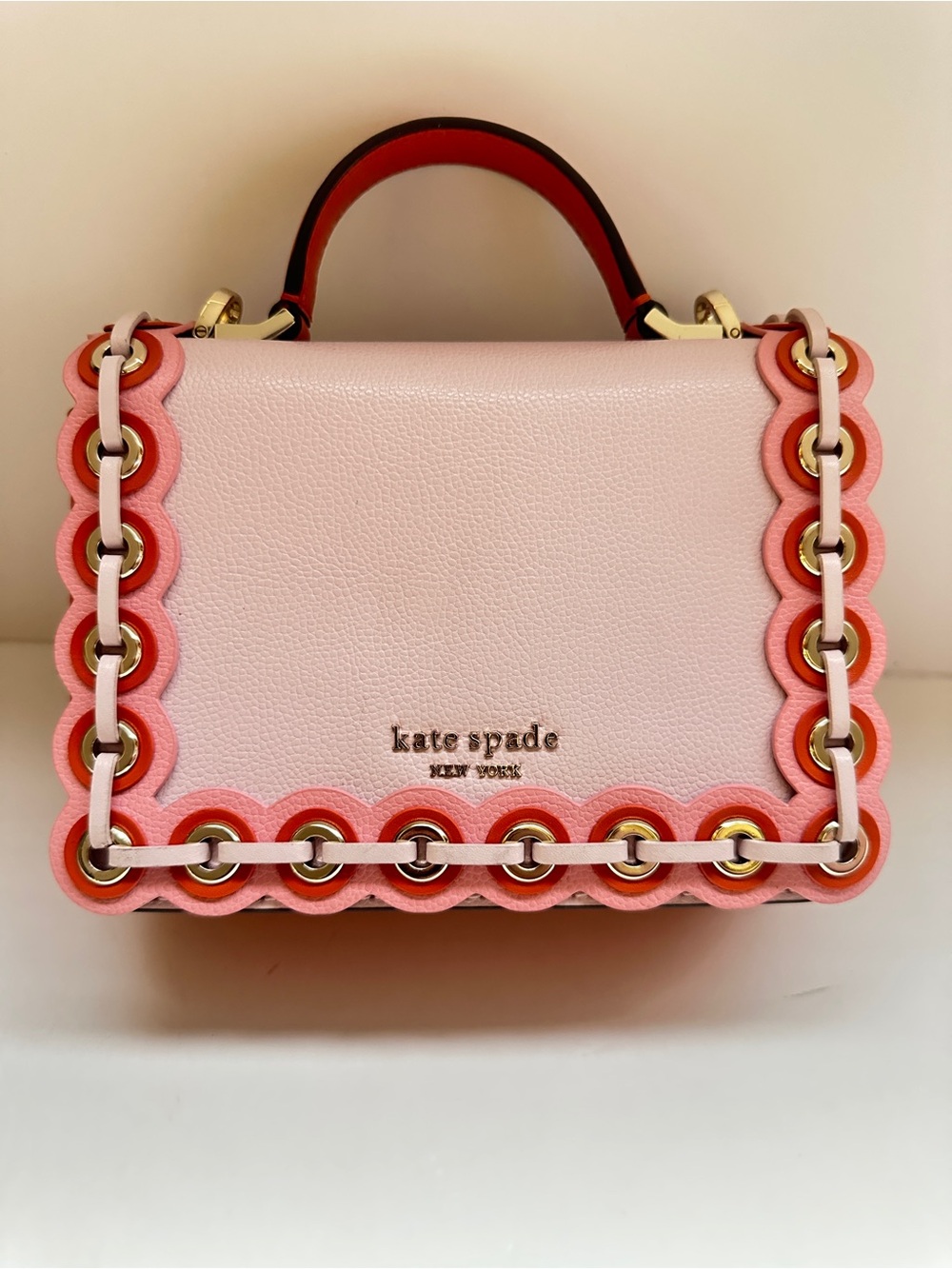 Kate Spade Nicola Scallop Leather Top Handle Crossbody Bag Pink Coral Gold Chain